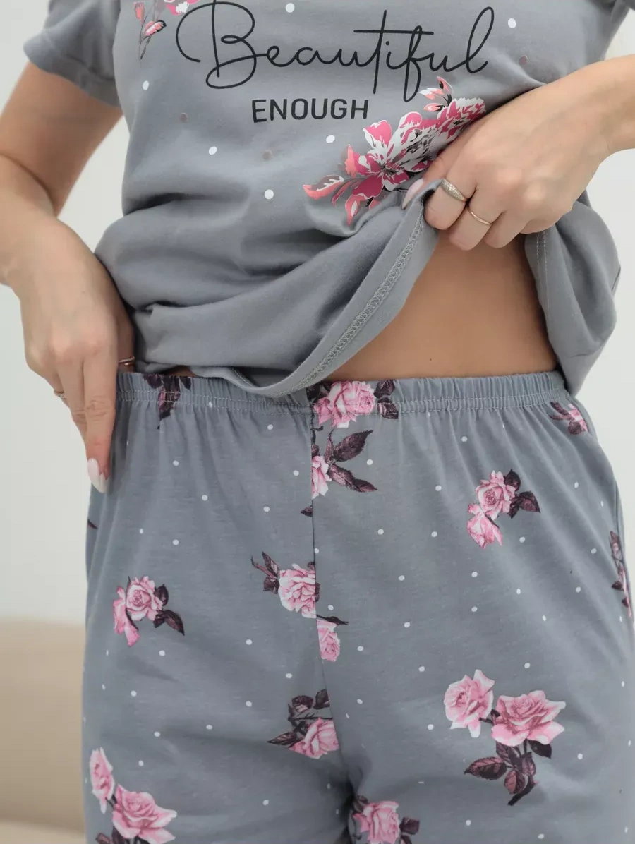 Saratex Büyük Beden Kapitone Şortlu Pamuklu Pijama Takımı 452956006 Gri