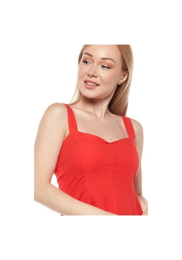 Kırmızı Askılı Vual Asimetrik Yazlık Elbise