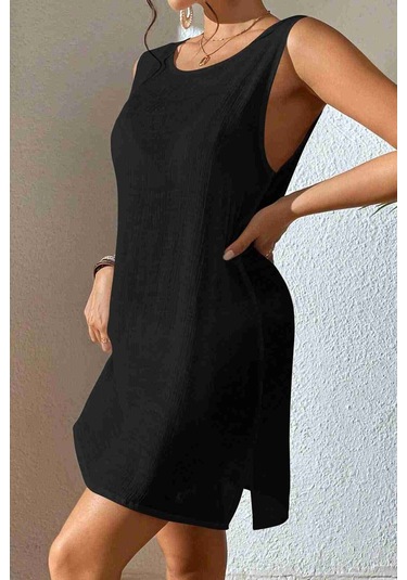 Angelsin Sırt Dekolteli Yırtmaçlı Pareo Plaj Elbisesi Siyah 001