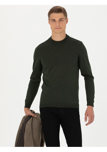Cacharel Haki Slim Fit Çeyrek Balıkçı Yaka Triko Kazak Yesıl
