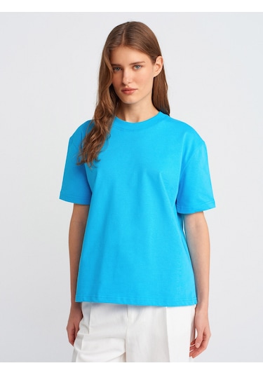 Dilvin 30312 Dekoratif Dikişli Bisiklet Yaka Tshirt-turkuaz Turkuaz