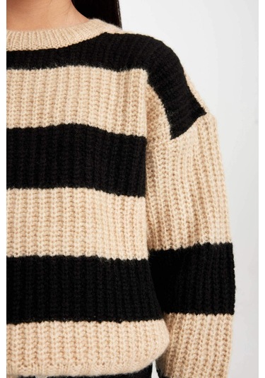 DeFacto Kız Çocuk Çizgili Bisiklet Yaka Triko Kazak A6009A824WNBK27 Siyah