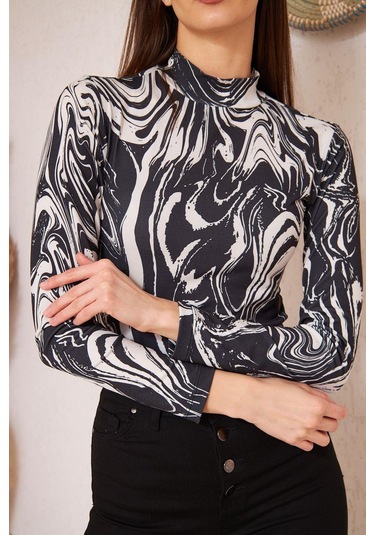 Siyah Zebra Baskılı Uzun Kollu Bluz DM1019 Siyah