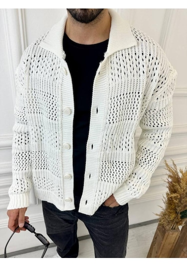 Elku Moda Hırka Oversize Özel Örgülü Triko Desenli Salaş Örgü Hırka Beyaz