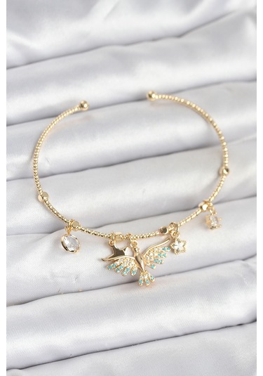 Anka Kuşu Charmlı Gold Renk Pirinç Kadın Bileklik Çok Renkli