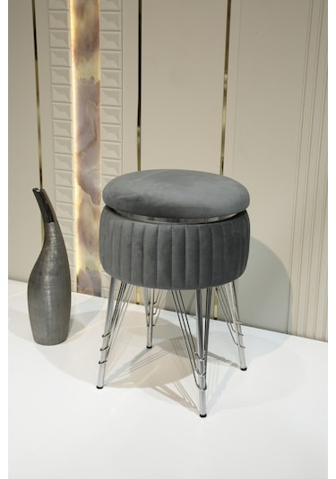 Bianco Metal Ayaklı Sehpalı Puf Krom Antrasit Gri Chrome Anthracite Gray