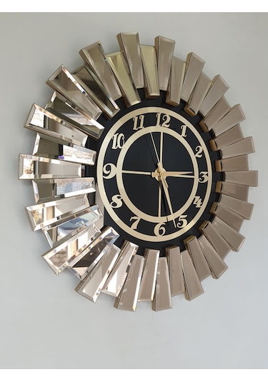 Ayna Denizi Güneş Twins Bronze Black Model Altın Siyah Renk 70 cm Dekoratif Aynalı Duvar Saati Altın - Siyah