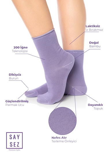 Bambu Kadın Lastiksiz Lila Soket Dikişsiz Premium Çorap 3'lü Pkt Lila - Mor