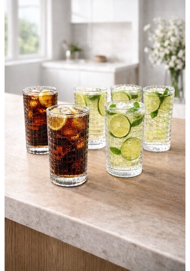 6 Lı Kristal Cam Meşrubat Kokteyl Bardağı Uzun Bardak 400ml Şeffaf