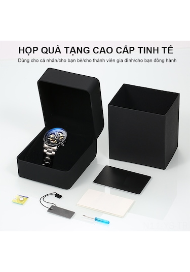 Yunboo Erkek Mekanik Saat Deri Kordon Su Geçirmez Gece Işıklı Erkek Öğrenci Kol Saati Siyah Kasa Mavi Ekran Altın