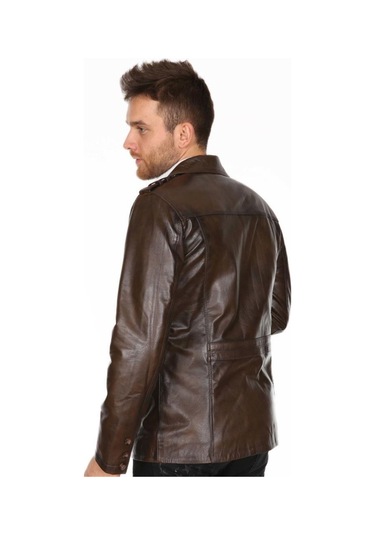 Hakiki Kuzu Derisi Yakalı Düğme Detaylı Deri Ceket Kahverengi Kahverengi