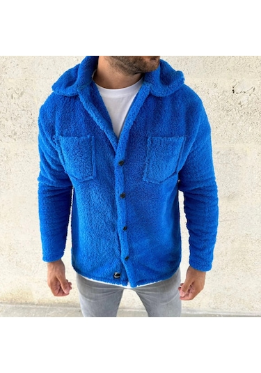 Erkek Pelüş Polar Hırka Gömlek Yakalı, İlik Düğmeli, Göğüs Cepli, Yumuşak Dokulu Kışlık Regular Fi Saks Mavisi