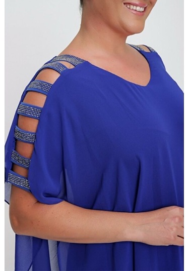 Kadın Tulum Büyük Beden Kol Taş Şeritli Şifon Üstlü Saks