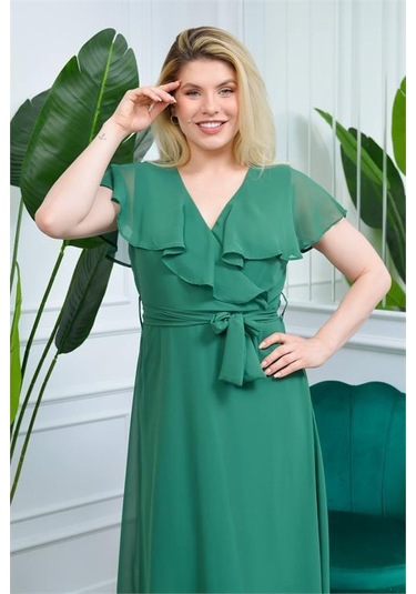 Kadın Melek Kol Uzun Şifon Elbise Dpmkts001 Yeşil