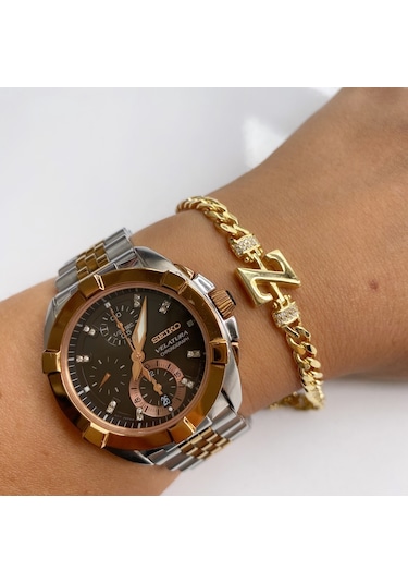 Simurg Jewellery 14 Ayar Altın Harfli Beyaz Çelik Bileklik Sarı - Beyaz