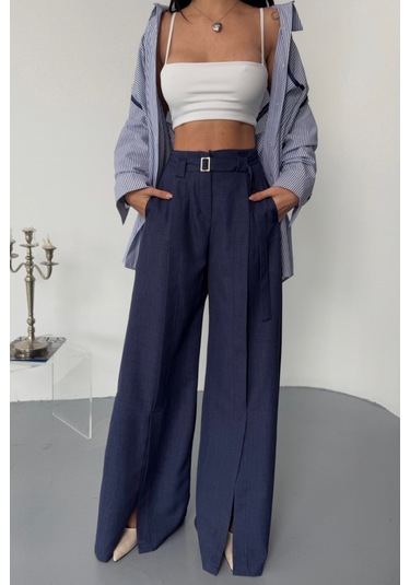 Soonaksesuar Salaş Önden Yırtmaç Detaylı Bel Kemerli Pantolon - Lacivert Lacivert