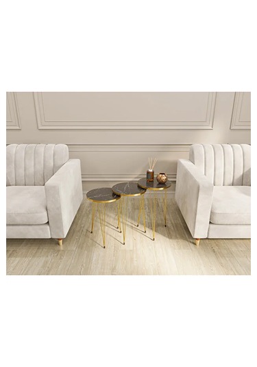 Zigon Sehpa 3'lü Yuvarlak Gold Tel Ayaklı Siyah Mermer