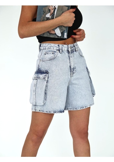 Kargo Cep ve Pens Detaylı Denim Şort Mavi+buz