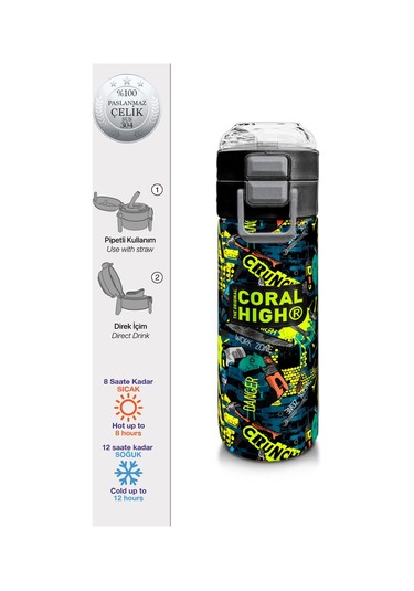 Coral High Kids Nefti Siyah Tamir Seti Desenli Pipetli Ve Direkt İçim Çelik Termos 500 Ml 31974 Siyah