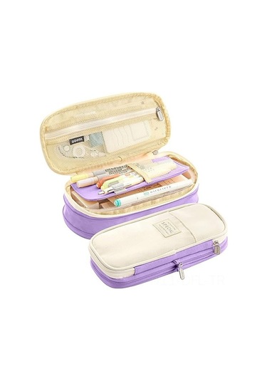 Dofolink Renkli Çanta: Geniş Kapasiteli 3 Bölmeli Gergin Askılıklı Kanvas Kalem Çantası, 50-60 Kalem Saklar, Seyahat/makeup/teknik Çantası Olarak Kullanılabilir - Mor/krem Çok Renkli