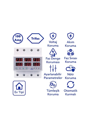 Tomzn Trifaz Gerilim ve Akım Koruma Rölesi Yüksek Alçak Voltaj Koruyucu Röle 220V 100A 3Faz
