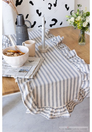 Gri Çizgili 40x125 Cm Vintage Fırfırlı %100 Keten Pamuklu Amerikan Runner Bej