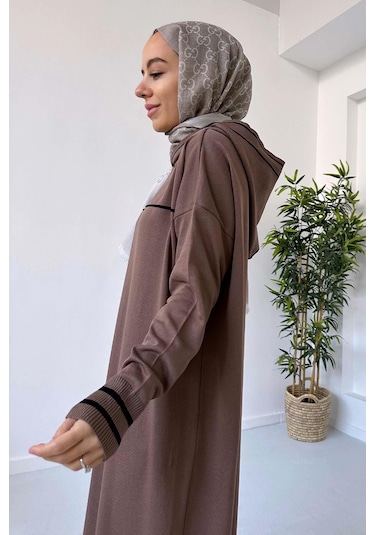 Kapüşonlu Merserize Elbise - Kahverengi