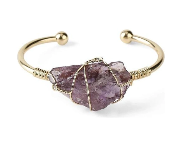 Doğal Taş Tel Wrap Düzensiz Kristal Kuvars Manşet Bakır Bilezik Gold-rose Quartz Altın - Bej