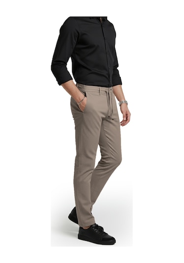 Deepsea Erkek Bej Likralı Gofre Kumaş Beli Lastikli İpli Slim Fit Günlük Pantolon 2600650 Bej