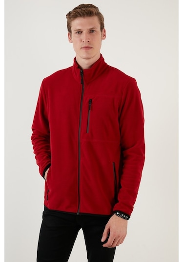 Buratti Slim Fit Fermuarlı Cepli Dik Yaka Polar Erkek Hırka 5906028 Bordo