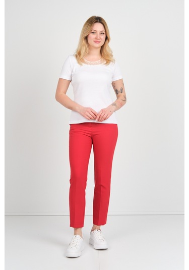 Ella Camelia Kadın Yakası Dantel İşlemeli Kısa Kol Pamuklu Bluz 24e008 Beyaz Beyaz