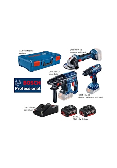 Bosch Gbh 187-LI Kırıcı Delici + Gws 18V-10 Taşlama Makinesi + Gsr 18V-50 Delme/Vidalama 3 Lü Set