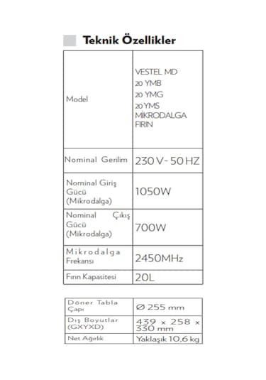 Vestel MD 20 YMS 20 LT Mikrodalga Fırın