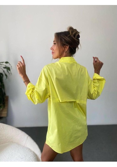 Pamuklu Poplin Kumaş Sırtı Yırtmaçlı Tasarım Kadın Gömlek Sarı