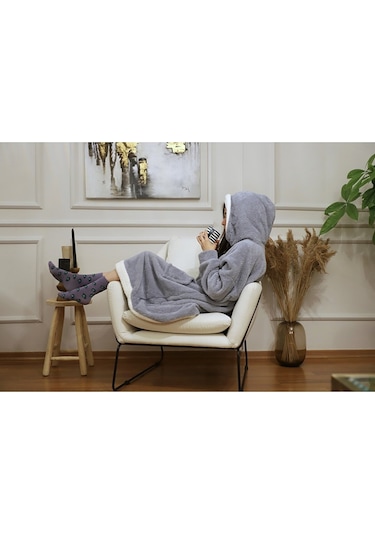 Rokeff Wellsoft Tek Kişilik Giyilebilir Battaniye Gri Beyaz Bantlı L/xl