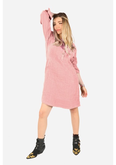 Keten Midi Elbise Pembe