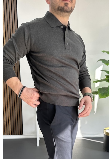 Erkek Düğmeli Polo Yaka Kazak Antrasit Edw231 Antrasit