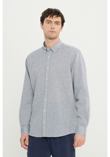 AC&Co / Altınyıldız Classics Erkek Grı Comfort Fit Rahat Kesim Düğmeli Yaka Keten Gömlek Gri