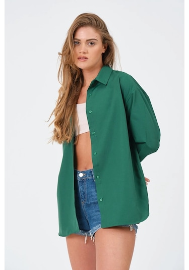 Kadın Koyu Yeşil Oversize Uzun Basic Gömlek Koyu Yeşil