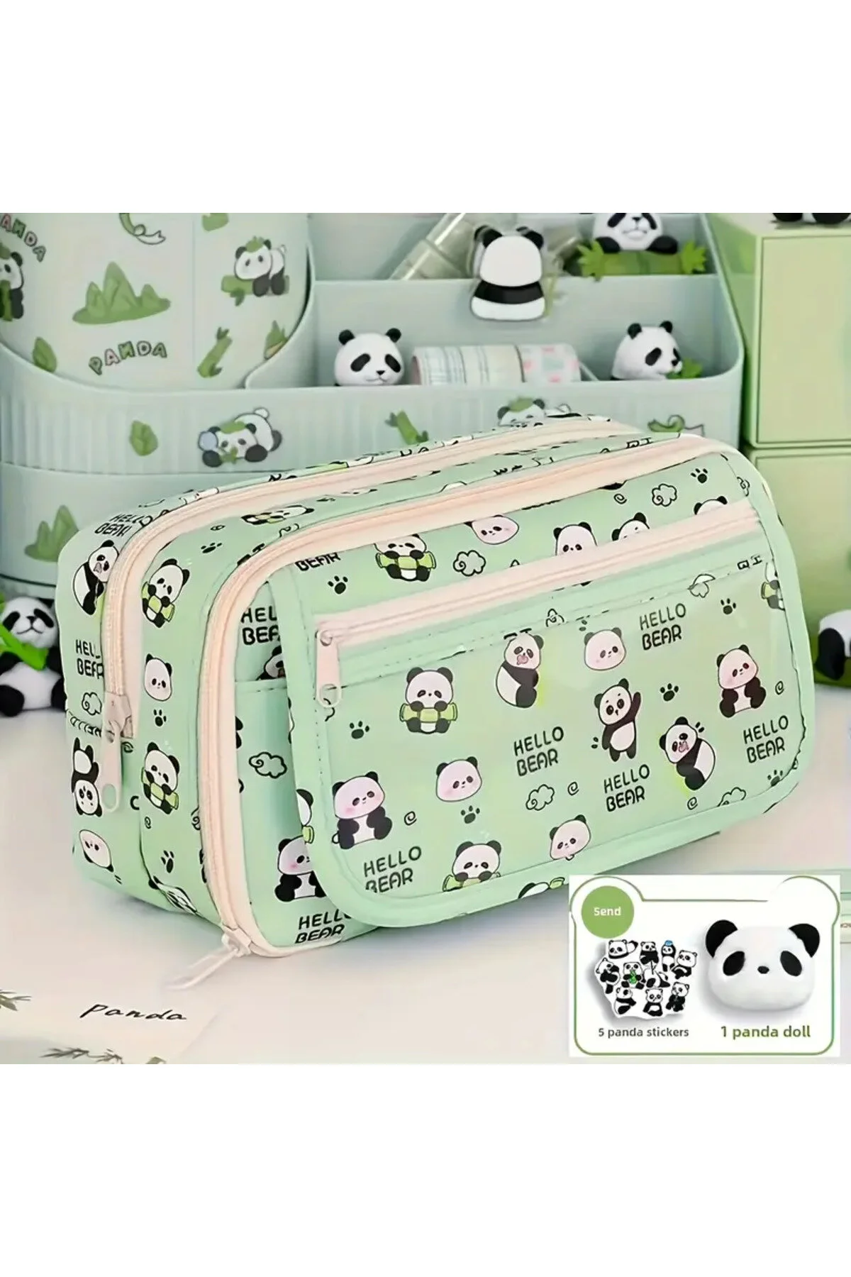 2025 Yeni - Panda Kalem Kutusu Peluş Bir Broş+ Bebek+5 Det Stickers+2 Klip Yeşil