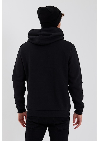 Polostate Erkek Kapüşonlu Baskılı 3 İplik Sweatshirt Siyah