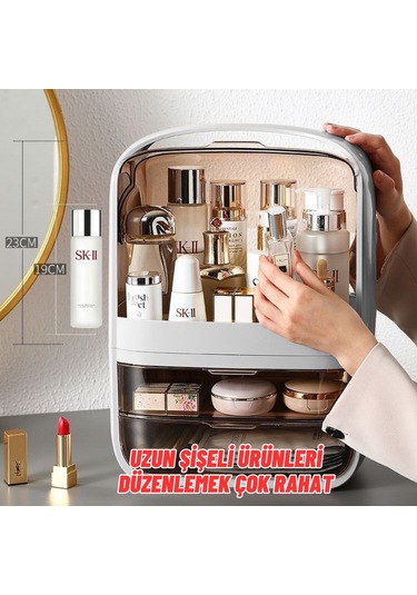 Makyaj Organizer Kozmetik, Fırça Ve Takı Düzenleyici Çok Amaçlı Masaüstü Makyaj Kutusu Bej