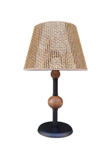 Çift Ahşaplı Abajur Siyah Rattan Kahve Rengi Şapkalı Siyah