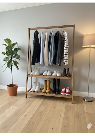 Konfeksiyon Elbise Askılık İki Raflı 148 105 Cm Kahverengi