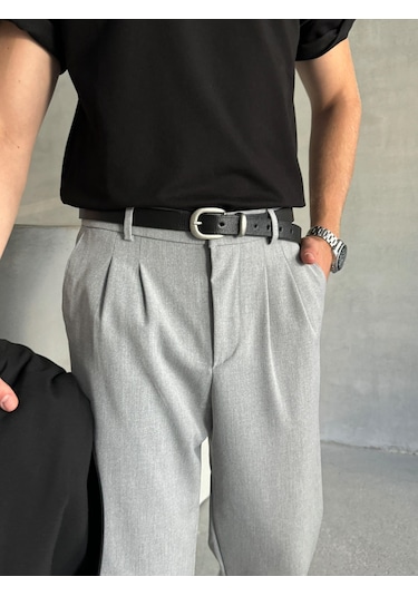 Erkek Pileli Baggy Kalıp Kumaş Pantolon Gri