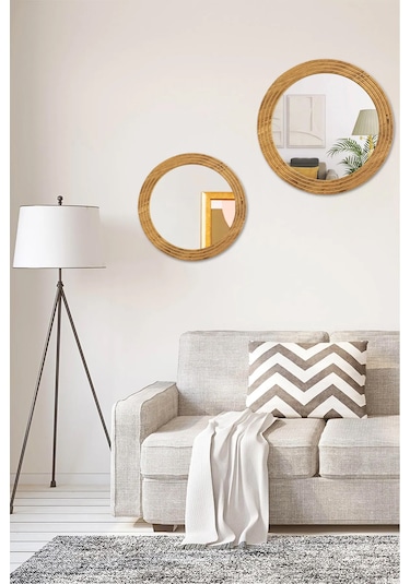 Antik 2 Li Dekoratif Ayna Seti Yuvarlak Banyo Duvar Aynası 69 -56 Açık Kahverengi