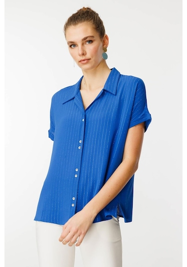 Desen Triko Kadın Krep Kumaş Simli Gömlek Mavi Mavi