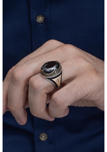 Yüzük Sanatı Oval Siyah Taşlı İsimli Harfli 925 Gümüş Erkek Yüzük