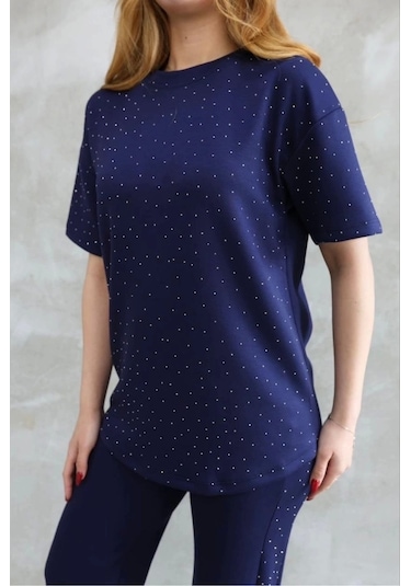 Osy Modal Yumuşak Dokulu Kumaş Bisiklet Yaka Taş Detaylı Kısa Kollu Takım - Lacivert Lacivert