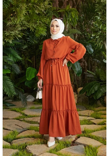 6567-büzgülü Bağcıklı Elbise Taba Taba